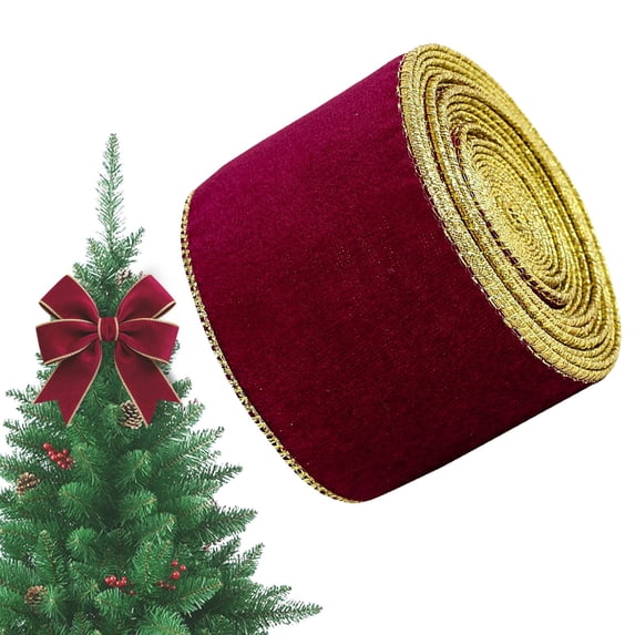 1 Roll Christmas Velvet Ribbon, 6cm Wide x 2 Meter Soft Plush Velvet Ribbon with Gold Edge for Christmas Gift Wrapping Wreath Tree Hair Bow DIY Decor, Clearance Burgundy Wine