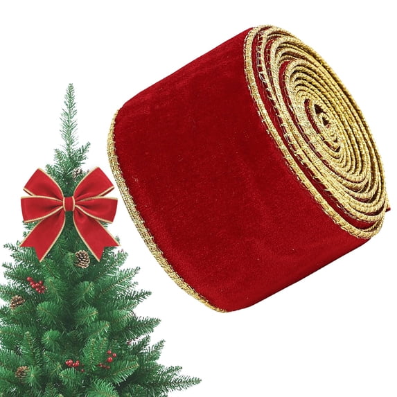 1 Roll Christmas Velvet Ribbon, 6cm Wide x 2 Meter Soft Plush Velvet Ribbon with Gold Edge for Christmas Gift Wrapping Wreath Tree Hair Bow DIY Decor, Clearance Crimson Red