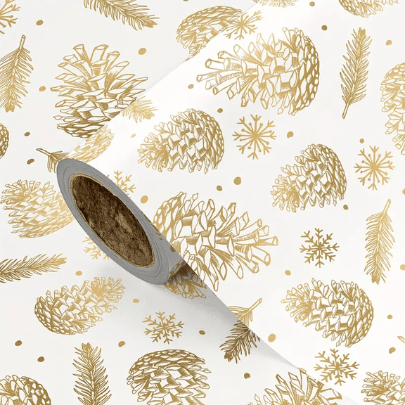 1 Roll Christmas Wrapping Paper, Golden Foil Pinecone & Snowflake Pattern for Christmas, Holiday