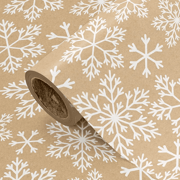 1 Roll Christmas Wrapping Paper, Khaki Base with White Snowflake Pattern for Family Gatherings