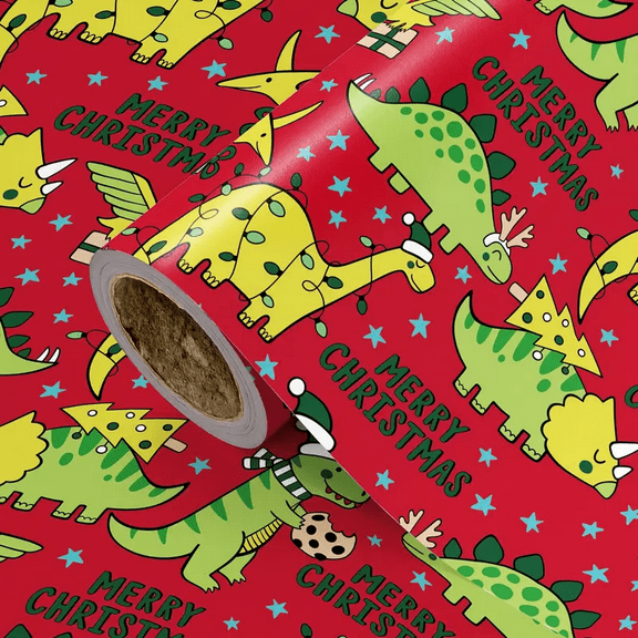 1 Roll Christmas Wrapping Paper Red Background with Dinosaur and Letter Patterns for Holiday Decorations