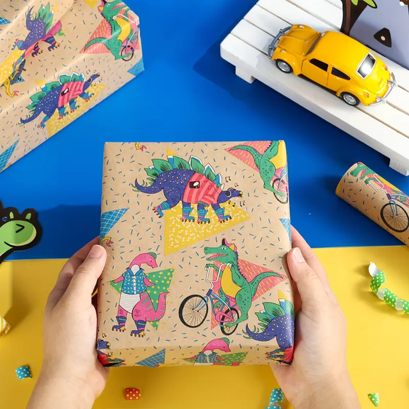 1 Roll Colorful Cartoon Dinosaurs Wrapping Paper for Boys, Neutral Gifts, Kids' Birthdays