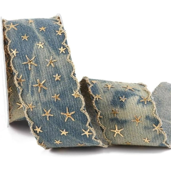 1 Roll Denim Trim Fabric Patriotic Ribbon Blue Bronzing Jeans 4th Of July 3D Gold Foil Star Print Applique Sewing Ribbon Tape Bulk for Sewing Making Crafts Gift Wrapping Diy Christmas Embellishment