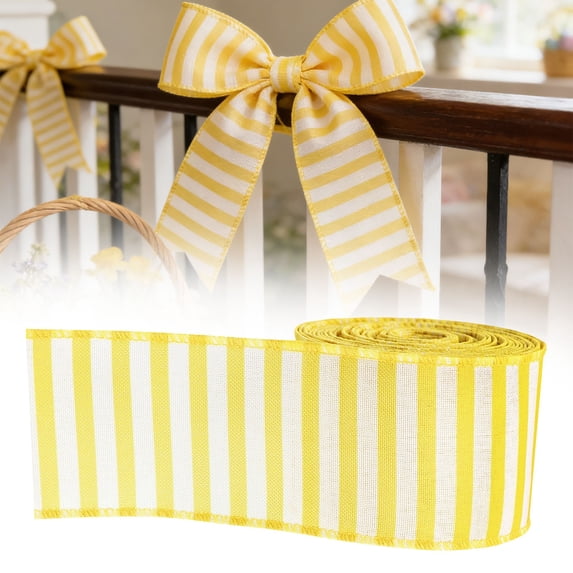1 Roll Easter Wired Edge Ribbon, 2.5 Inch x 5 Yards Soft Yellow Vertical Stripe Ribbon for Spring Wreath DIY Bow Gift Wrap Easter Basket Decor, 6.3cm x 4.5m, Clearance Yellow Stripe