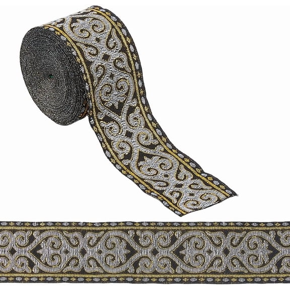 1 Roll Ethnic Style Jacquard Ribbon 7.66 Yards 50mm Wide Black Embroidery Polyester Ribbons Floral Fabric Trim Ribbon DIY Craft