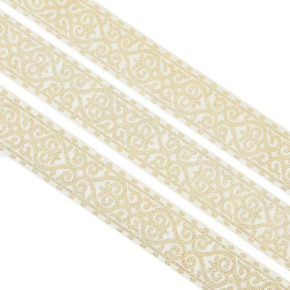 1 Roll Ethnic Style Jacquard Ribbon 7.66 Yards 50mm Wide White Golden Embroidery Polyester Ribbons Floral Fabric Trim Ribbon for DIY Clothing Sewing Decorations