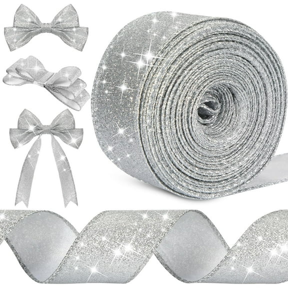 1 Roll Glitter Ribbon Glitter Wired Edge Ribbon 1.57in X 20 Yard Waterproof Sparkly Ribbon Garland for Gifts Wrapping Cards Crafts Wreaths Holiday Party Home Christmas Decoration(Silver)