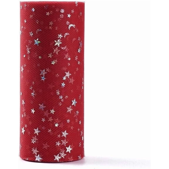 1 Roll Glitter Sequin Deco Mesh Ribbons Tulle Fabric Tulle Roll Spool Fabric For Skirt Making Moon Star Pattern Red 6 inch(15cm) Craft
