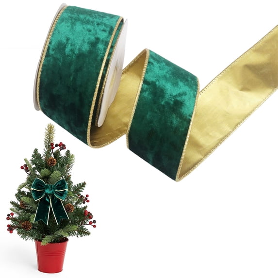 1 Roll Green Velvet Ribbon with Gold Edge, 9 Meter Long Velvet Gift Ribbon for Christmas Wreath DIY Bow Making Holiday Party Craft Decor, Clearance Green
