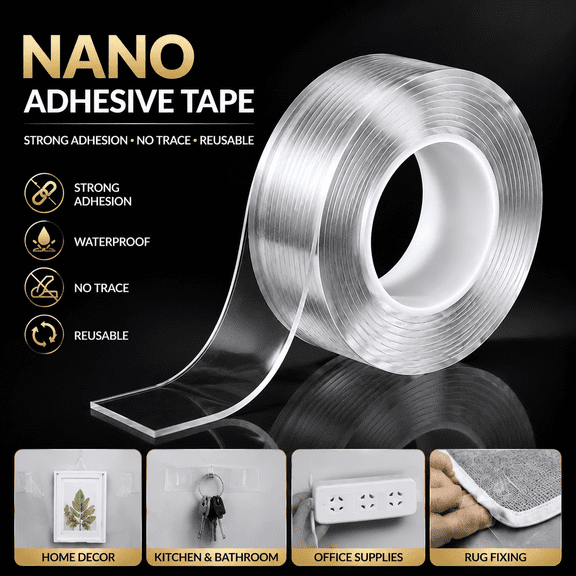 1 Roll Heavy Duty Double Sided Nano Tape, Reusable Washable Removable Transparent Mounting Adhesive Tape for Home Office Car Patio