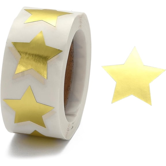 1 Roll Metallic Foil Star Shape Paper Sticker Labels Writable Paper Star Shape Seal Labels Teacher Supplies for Scrapbooking DIY Projects Diaries and Art Supplies Gold 24x23.5mm 500pcs/roll Golden