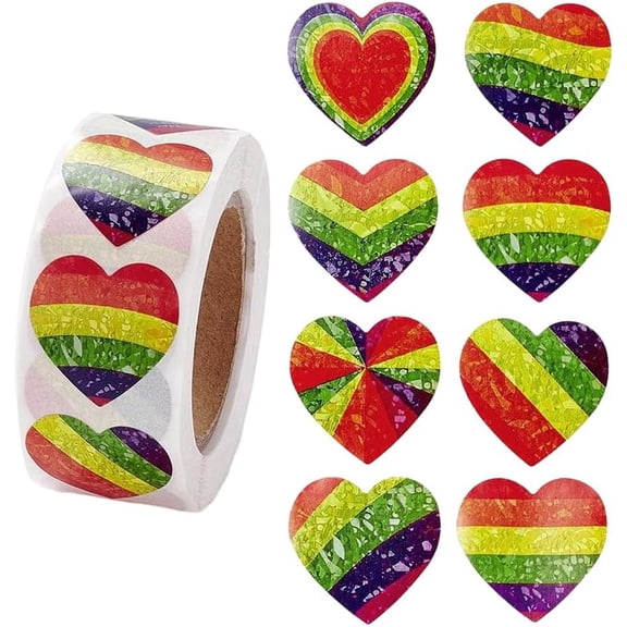 1 Roll Paper Gift Tag Self Adhesive Stickers with Rainbow Heart Pride Adhesive Labels Roll Decals for Party Wedding Decorative Presents Mixed Color 2.5x2.5x0.01cm