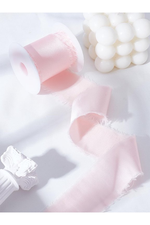 1 Roll Polyester Frayed Fringe Ribbon Raw Edge Wedding Ribbon with Plastic Spool Lavender Blush 1-3/8 inch(35mm) 5.47 Yards(5m)/roll