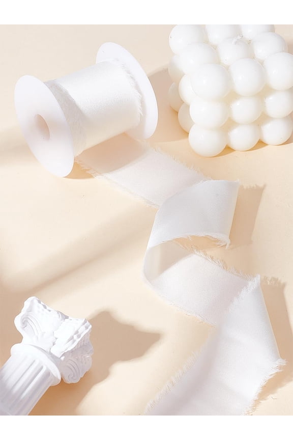 1 Roll Polyester Frayed Fringe Ribbon Raw Edge Wedding Ribbon with Plastic Spool WhiteSmoke 1-3/8 inch(35mm) 5.47 Yards(5m)/roll