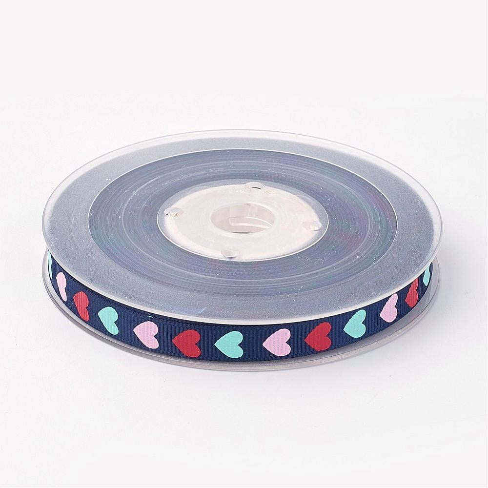 1 Roll Polyester Grosgrain Ribbon with Heart Printed Midnight Blue 3/8 inch(9mm) about 100yards/roll(91.44m/roll)
