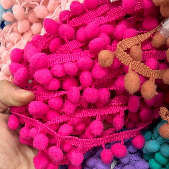 1 Roll Polyester Ribbons with Pom Pom Balls Garment Accessory Fuchsia 3/4~1 inch(20~25mm) 5.47~6.56 Yards(5~6m)/Roll