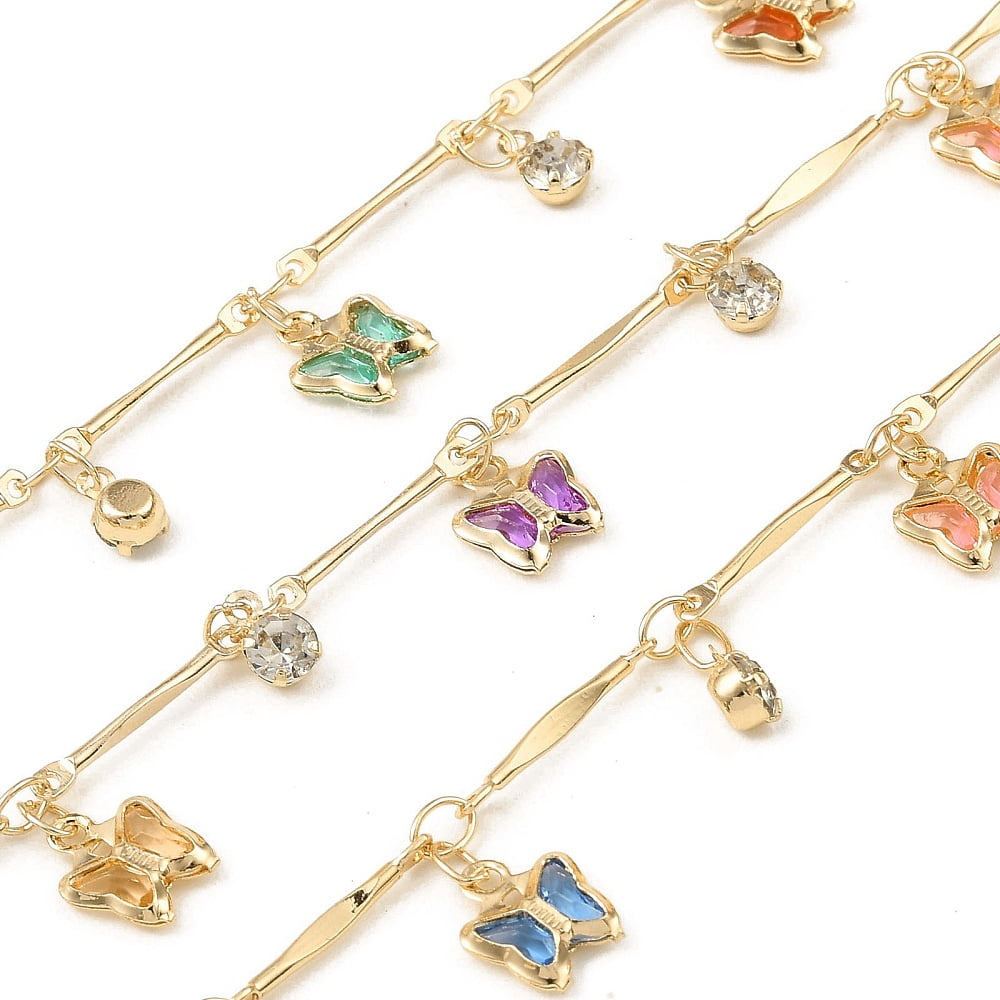 1 Roll Rack Plating Brass Bar Link Chains with Butterfly Glass Charms ...