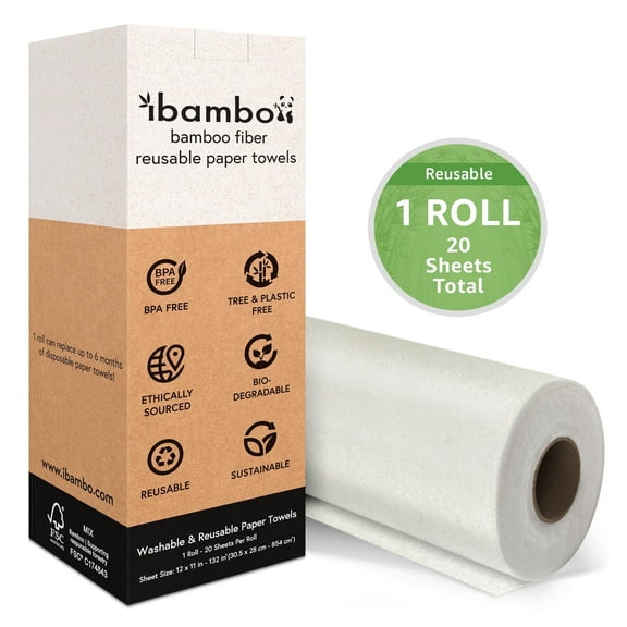 Ibambo Reusable Bamboo Paper Towels Roll, 12" x 11" Sheets, 20 Sheets Per Roll, 1 Roll
