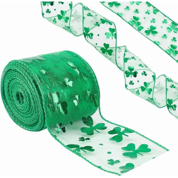 1 Roll Saint Patrick's Day Theme Polyester Shamrock Printed Ribbon Clover Ribbon Dark Green 2 inch(50mm) 15 yards/roll