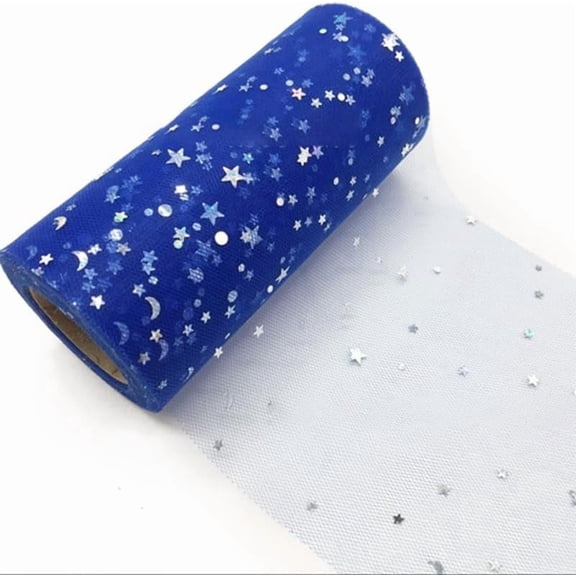 1 Roll Sparkle Polyester Tulle Fabric Rolls Mesh Ribbon Spool with Silver Tone Star & Moon & Sun Sequins for Wedding and Decoration Blue 5-7/8 inch(150mm) about 25 Yards/Roll