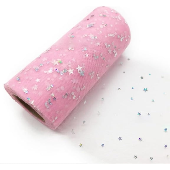1 Roll Sparkle Polyester Tulle Fabric Rolls Mesh Ribbon Spool with Silver Tone Star Sun Sequins for Wedding and Decoration Pink 5-7/8 inch(150mm) 25 Yards/Roll diy