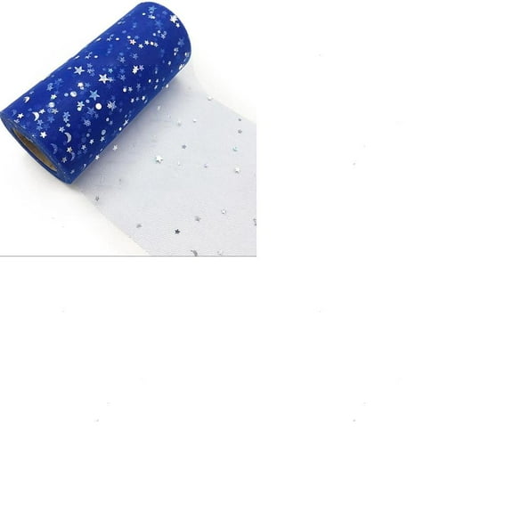 1 Roll Sparkle Polyester Tulle Fabric Rolls Mesh Ribbon Spool with Silver Tone Star Moon Sun Sequins for Wedding and Decoration Blue