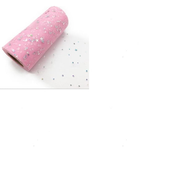 1 Roll Sparkle Polyester Tulle Fabric Rolls Mesh Ribbon Spool with Silver Tone Star & Moon & Sun Sequins for Wedding and Decoration Pink
