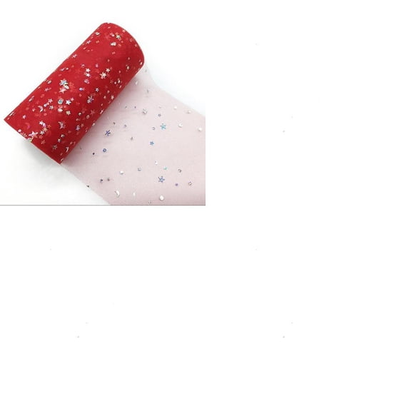 1 Roll Sparkle Polyester Tulle Fabric Rolls Mesh Ribbon Spool with Silver Tone Star Moon Sun Sequins for Wedding and Decoration Red for DIY