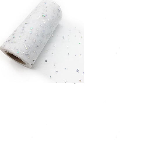 1 Roll Sparkle Polyester Tulle Fabric Rolls Mesh Ribbon Spool with Silver Tone Star Moon Sun Sequins for Wedding and Decoration WhiteSmoke