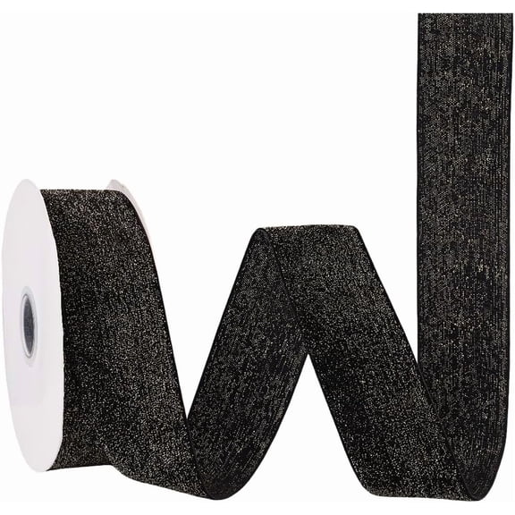 1 Roll Sparkle Single Face Velvet Ribbon Polyester Ribbon with Metallic Cord for Garment Accessories Black 1-5/8 inch(40mm)