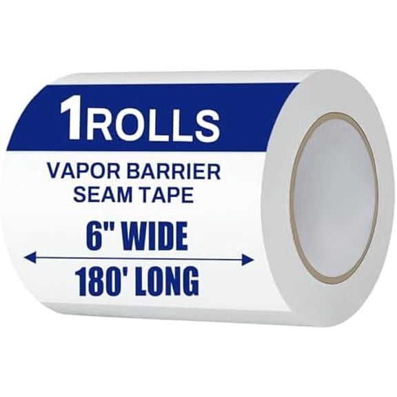 1 Roll, White Vapor Barrier Tape, 6" Wide x 180' Long, PE 9 mm Polyethylene Tape, for Crawlspaces, Underlayment Seams, Building Seams, Excellent Air Barrier, Insulation Repairs