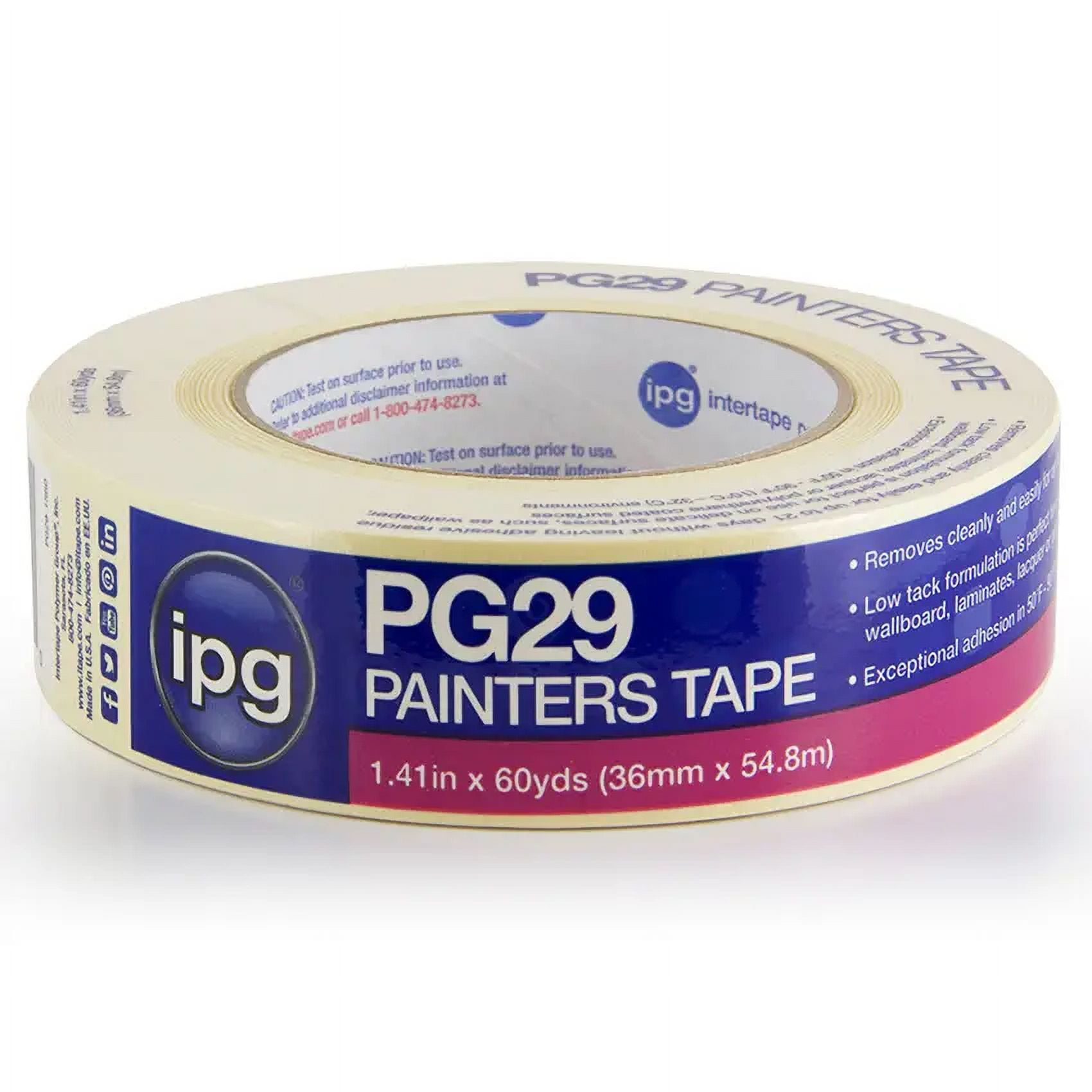 1-Roll of 1-1/2” IPG PG29-1560 ProMask Painter’s Low Tack Premium Paper Masking Tape