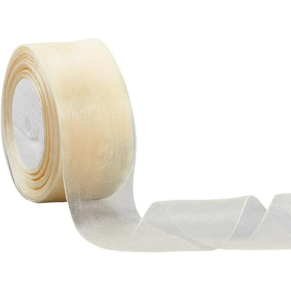 1 Rolls 50 Yards 2 Inch Beige Organza Ribbon Sheer Thin Chiffon Ribbons Versatile Solid Color Tulle with Spool Fabric Trim