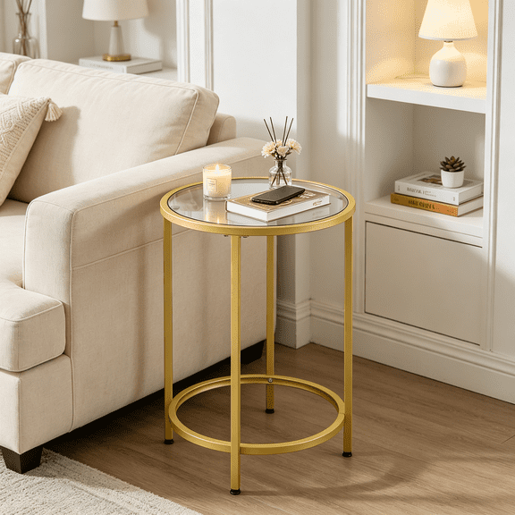 Round Glass Top Sofa End Table, Gold Metal Frame Side Drink Table, Modern Accent Table for Living Room, Office, Porch & Small Spaces