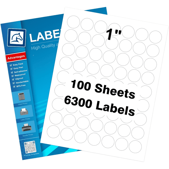 1" Round Sticker Labels for Laser/Ink Jet Printers, White Printable Label Sheets, Circle Stickers, 100 Sheets
