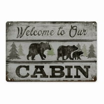 1 Rustic Vintage Welcome to Our Cabin Metal Wall Sign - 12x8 Inch Distressed Wood Finish, Bear & Pine Tree Design, Wall-Mounted Cabin Decor for Home, Office, or Holiday Decoration, Rustic Home Decor
