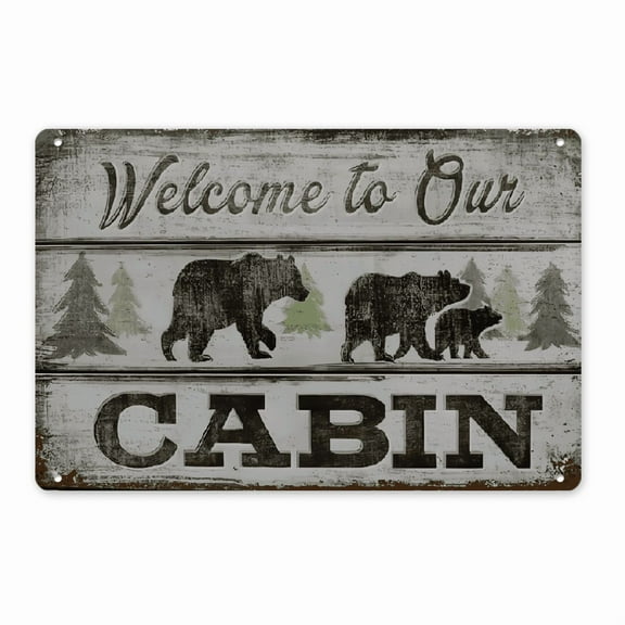 1 Rustic Vintage Welcome to Our Cabin Metal Wall Sign - 12x8 Inch Distressed Wood Finish, Bear & Pine Tree Design, Wall-Mounted Cabin Decor for Home, Office, or Holiday Decoration, Rustic Home Decor