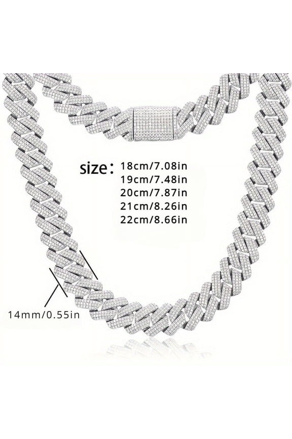 1 S925 Sterling Silvery All Moissanite 14Mm Wide Cuban Necklace, Men'S And Women'S Bracelet Gift | Jewelry | Faux Gemstones for Him Her Gift | Wedding Anniversary Birthday Gift | Attend | Street Style