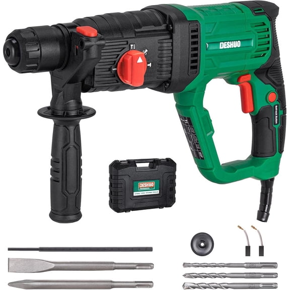 1" SDS-Plus Lightweight Rotary Hammer Drill, 9 Amp 4 Functions Corded Variable Speed Rotomartillo with Safety Clutch for Concrete, Includes 3 Drill Bits,2 Chisels,Carrying Case