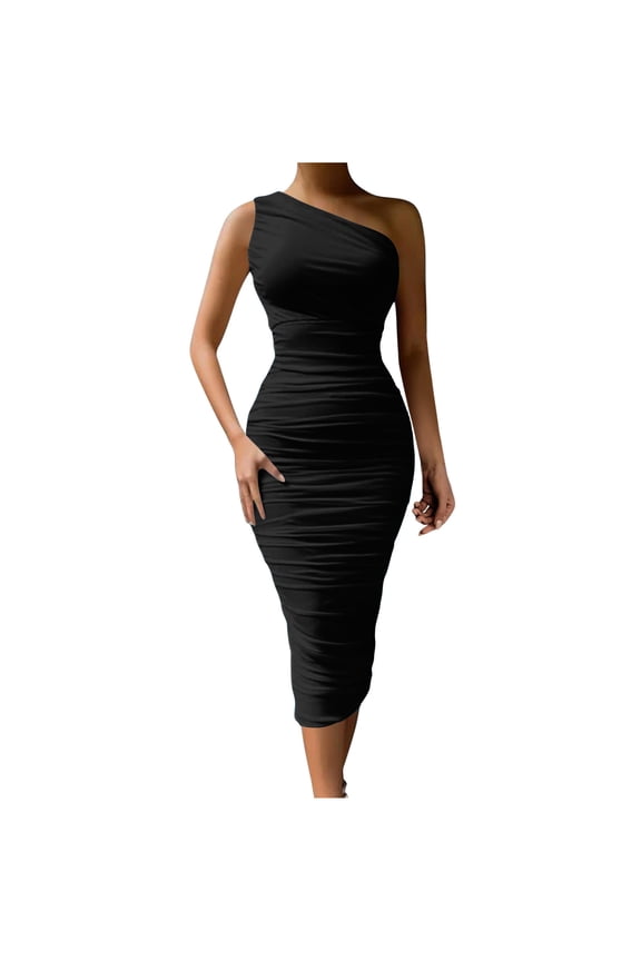 Bodycon Dresses for Women Sleeveless Midi Dresses One Shoulder Casual Dress Cocktail Party Dresses Black S