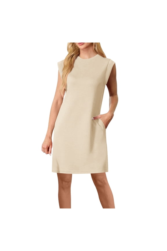 Dresses for Women Summer Crew Neck Sleeveless Mini Dress Vacation Dresses with Pockets Casual Sun Dress Beige M