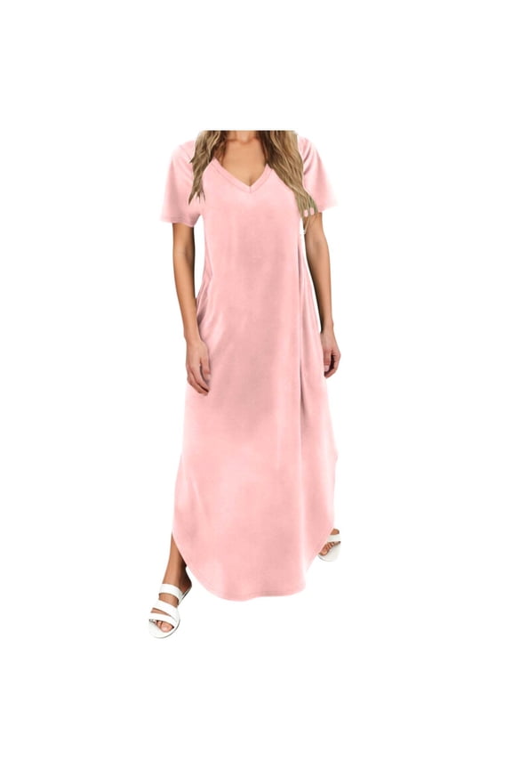 Going out Dresses for Women V Neck Short Sleeve Maxi Dress Summer Dresses with Pockets Vacation Sun Dress M