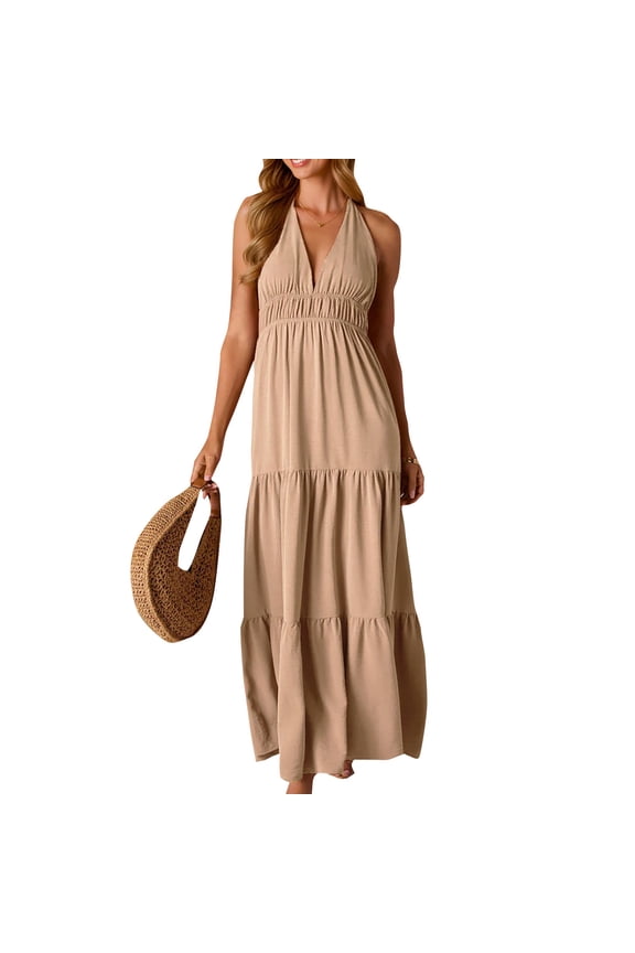 Holiday Party Dresses for Women Halter Neck Sleeveless Maxi Dress Casual Dresses Belt Beach Sun Dress Brown S