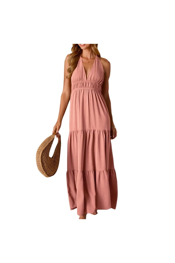 Holiday Party Dresses for Women Halter Neck Sleeveless Maxi Dress Casual Dresses Belt Beach Sun Dress Pink M