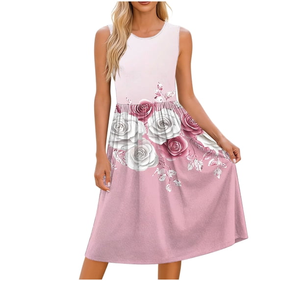 SELONE Midi Dresses for Women Casual Crew Neck Sleeveless Dress Wide Strap Floral Dresses with Pockets Beach Sun Dress