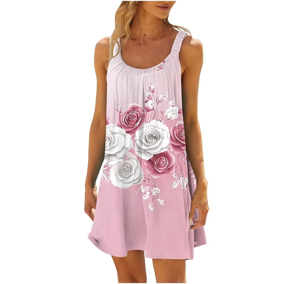 SELONE Midi Dresses for Women Crew Neck Sleeveless Casual Dresses Wide Strap Summer Dress Floral Sundress Pink S