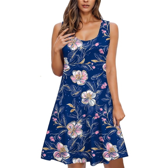 SELONE Nightgown for Women Long Crew Neck Sleeveless Dress Wide Strap Summer Dresses with Pockets Floral Sun Dress M