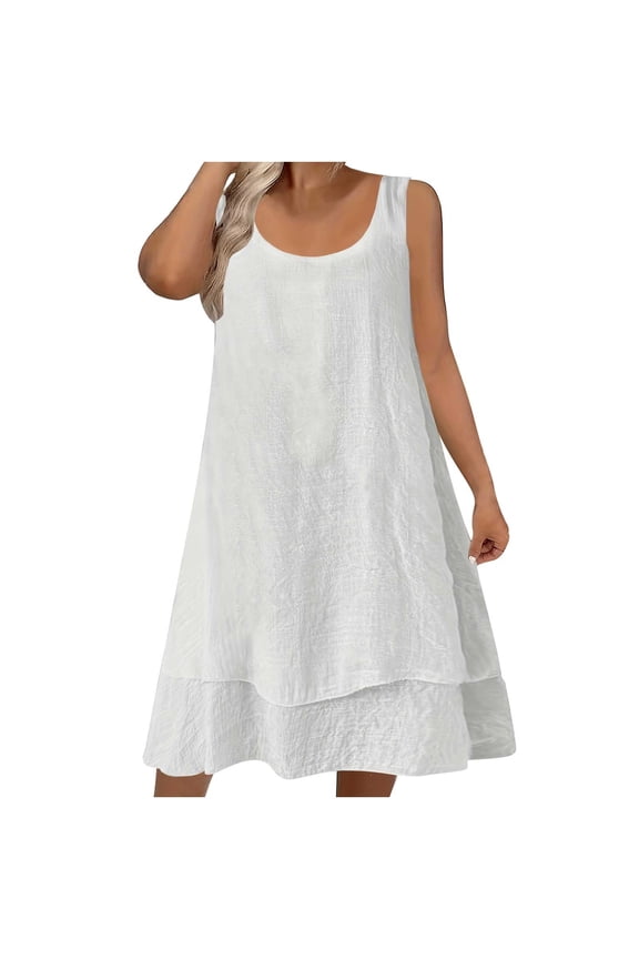 Plus Size Summer Dresses Crew Neck Sleeveless Midi Dresses Wide Strap Casual Dress Beach Sundress White XL