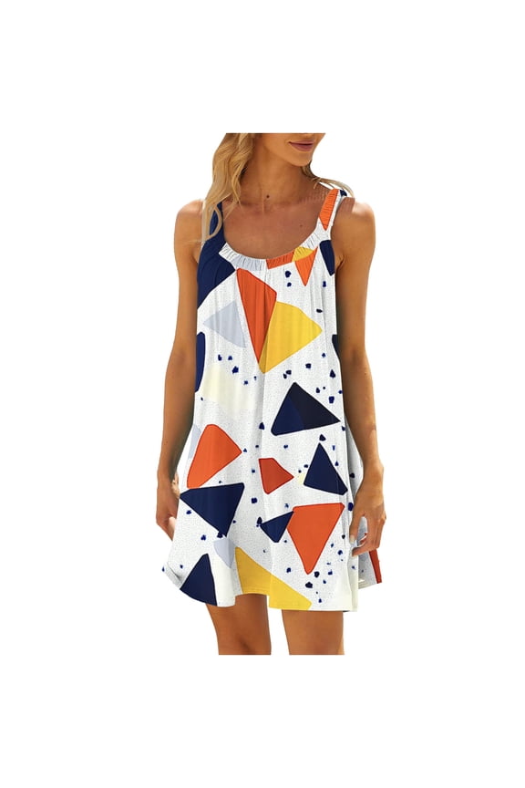 Women Dresses Casual Crew Neck Sleeveless Midi Dress Wide Strap Beach Dresses Color Block Sun Dress Beige 2XL