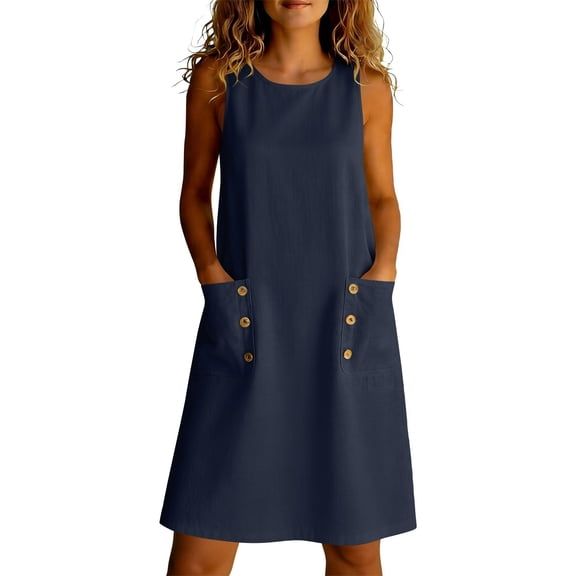 SELONE Women Dresses Casual Crew Neck Sleeveless Midi Dress Wide Strap Work Dresses with Pockets Holiday Sun Dress L